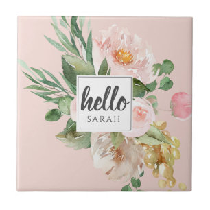 Modern vattenfärgsblommor och Rosa och Hej och Nam Kakelplatta