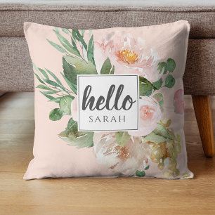 Modern vattenfärgsblommor och Rosa och Hej och Nam Kudde