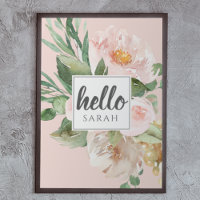 Modern vattenfärgsblommor och Rosa och Hej och Nam