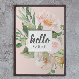 Modern vattenfärgsblommor och Rosa och Hej och Nam Poster
