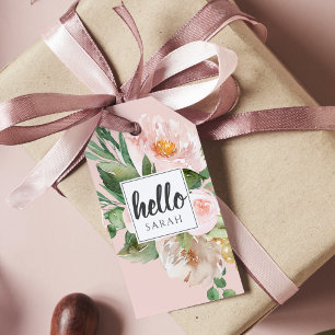 Modern vattenfärgsblommor och Rosa och Hej och Nam Presentetikett
