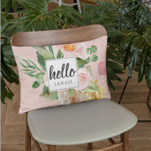 Modern vattenfärgsblommor och Rosa och Hej och Nam Prydnadskudde
