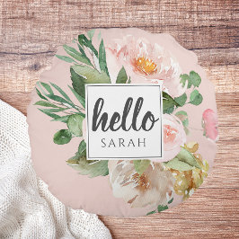 Modern vattenfärgsblommor och Rosa och Hej och Nam Rund Kudde