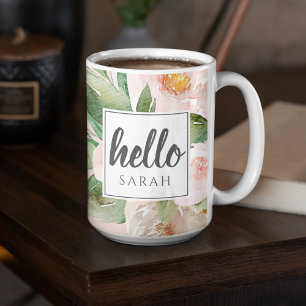 Modern vattenfärgsblommor och Rosa och Hej och Nam Två-Tonad Mugg