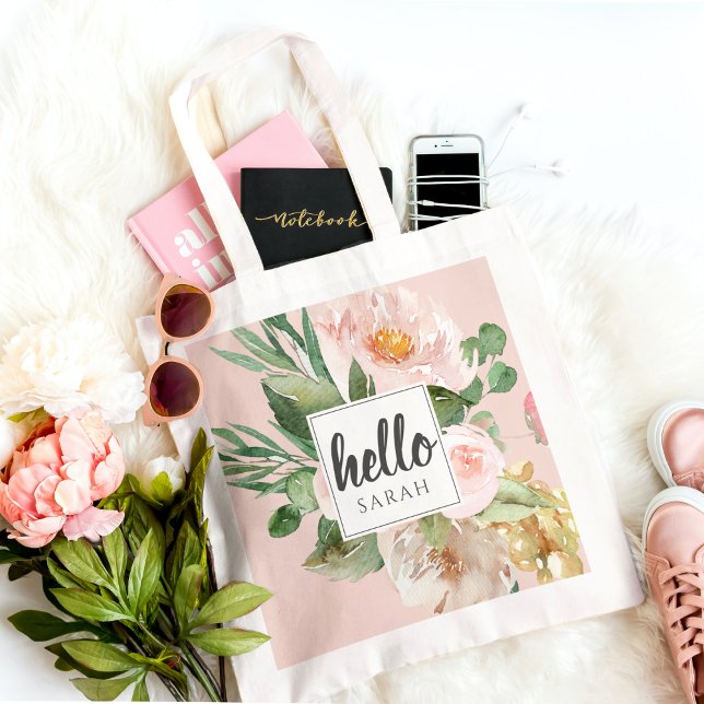 Modern vattenfärgsblommor och Rosa och Hej och Nam Tygkasse (Skapare uppladdad)