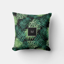 Modern vattenfärgsfamilj tropiska löv monogram kudde