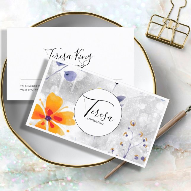 Modern vattenfärgsfärg, Blommigt Blue/Guld ID568 Visitkort (Skapare uppladdad)