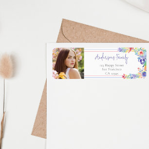 Modern vattenfärgsfärgad Blommigt Foto Studenten Returadress Etikett