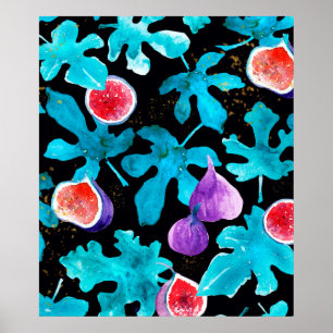 Modern vattenfärgsfrukt i svart Dekorativ kudde Poster