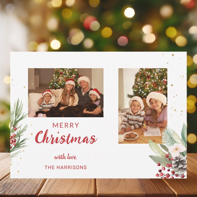 Modern vattenfärgsjul, botaniskt tvåfoto julkort (Skapare uppladdad)