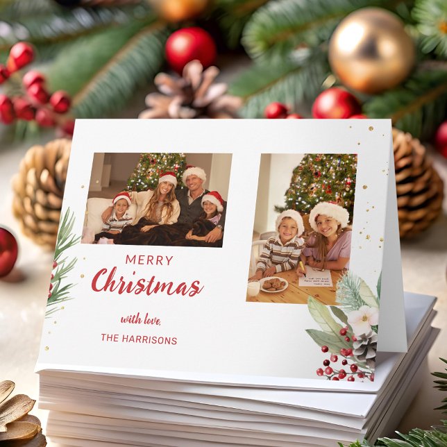 Modern vattenfärgsjul, botaniskt tvåfoto kort (Skapare uppladdad)