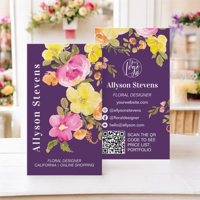 Modern vattenfärgskod för blommigt lila plum logot visitkort (Modern floral watercolor purple plum logo qr code business card)