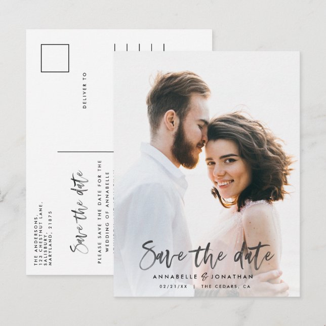 Modern vattenfärgskript typografi bröllop invita inbjudan vykort (Fram/baksida)