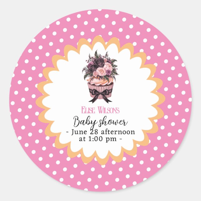 Modern vattenfärgskupkaka babydusch5 runt klistermärke (Framsida)
