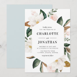 modern vattenfärgsmagnolia blommigt ram bröllop inbjudningar