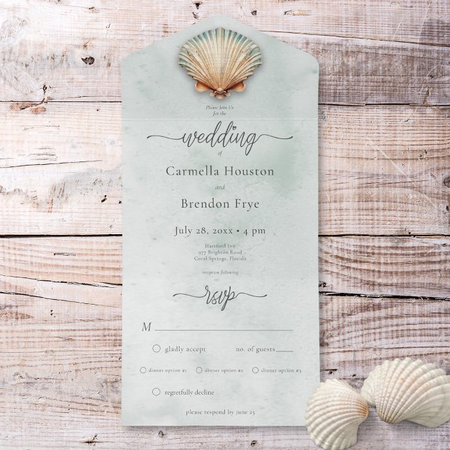 Modern vattenfärgsmiddag för kustnära avloppsvatte (Modern Coastal Seashell Aqua Watercolor Dinner All In One Invitation)