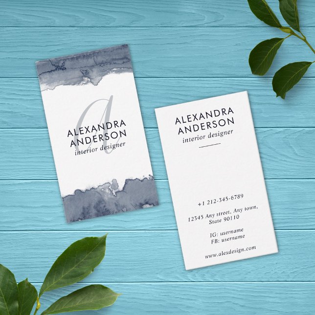 Modern vattenfärgsmonogram minimalistisk Grått Visitkort (Modern Watercolor Gray Monogram Minimalist Business Card)