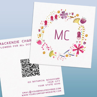 Modern vattenfärgsmonogram QR-Blommigt, QR-kod Fyrkantigt Visitkort