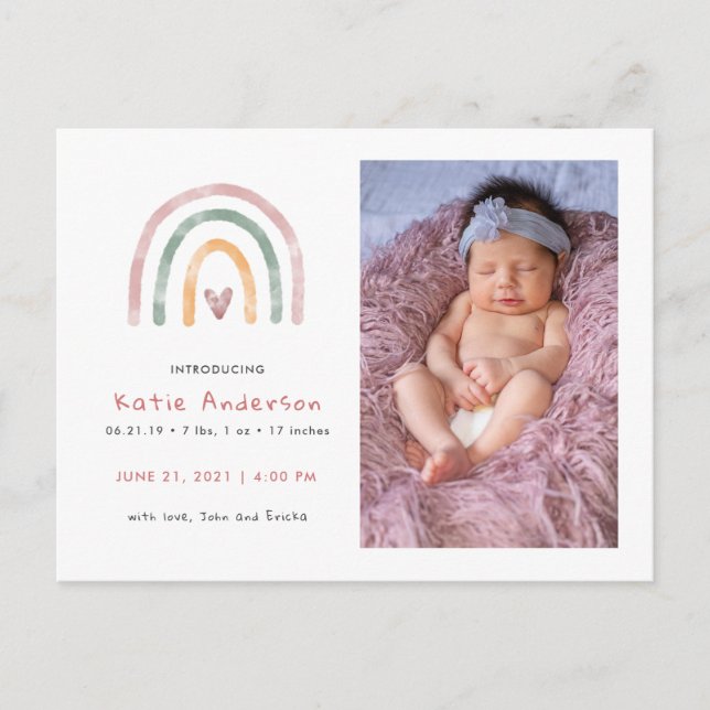 Modern vattenfärgsregnbåge med hjärtfödelse inbjudan vykort (Framsida)