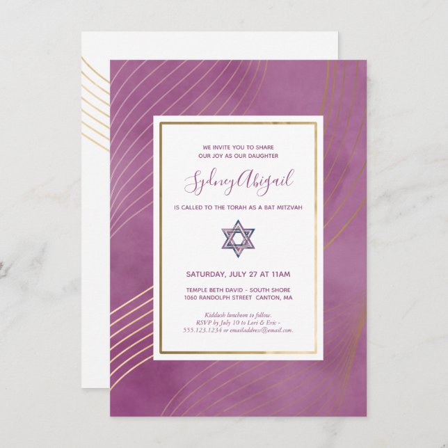 Modern vattenfärgsRosa och Guld Bat mitzvah Inbjudningar (Fram/baksida)