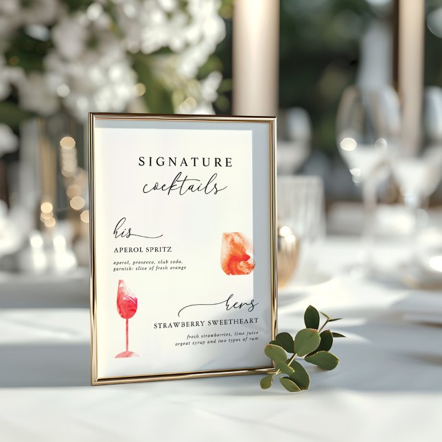 Modern vattenfärgssignaturdrycker Bröllopsmeny Poster (Modern Watercolor Signature Drinks Wedding Menu Poster)