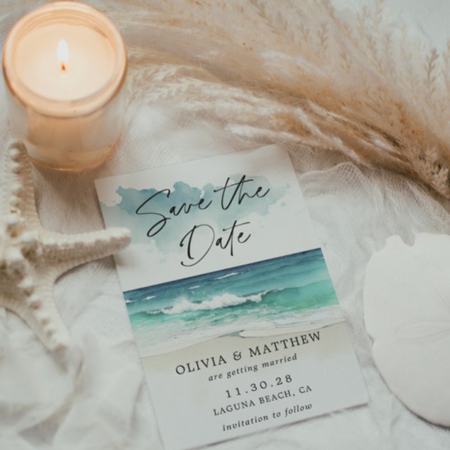 Modern vattenfärgsskrift Oceanstrand QR-kod  Spara Datumet (Skapare uppladdad)