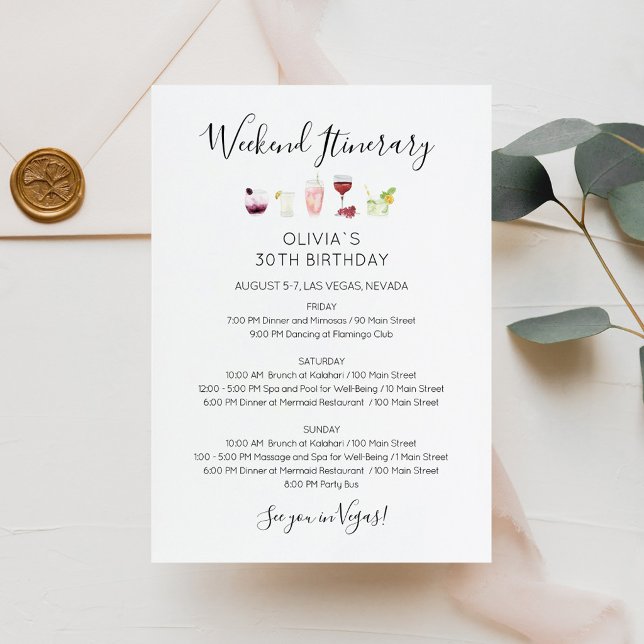 Modern veckoslut födelsedagsplan inbjudan (Bachelorette Weekend Itinerary Invitation Card)