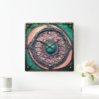 Modern Verdigris och rosa tourmaline Metall Art Fyrkantig Klocka