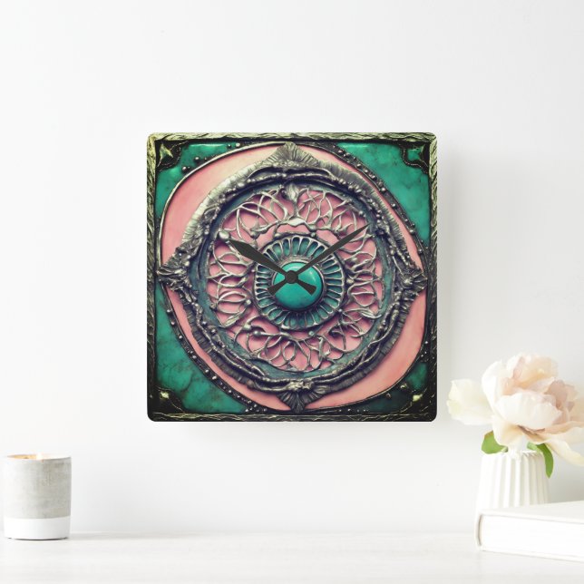 Modern Verdigris och rosa tourmaline Metall Art Fyrkantig Klocka (Hem)