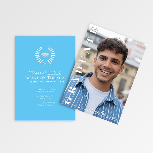 Modern Vertical Name Graduation Photo Announcement Inbjudningar (Modern graduation card with vertical name text and full photo layout)