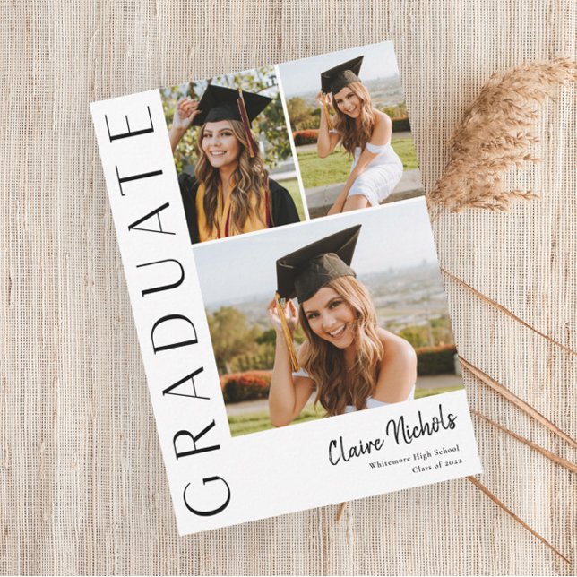 Modern Vertikal 3 Fotos Kollagexamen Inbjudningar (Modern Typography 3 Photo Collage Graduation Party Announcement Invitation.)