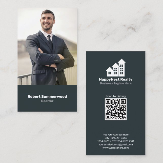 Modern Vertikal Fastighetsmäklare Foto QR-kod Visitkort (Fram/baksida)