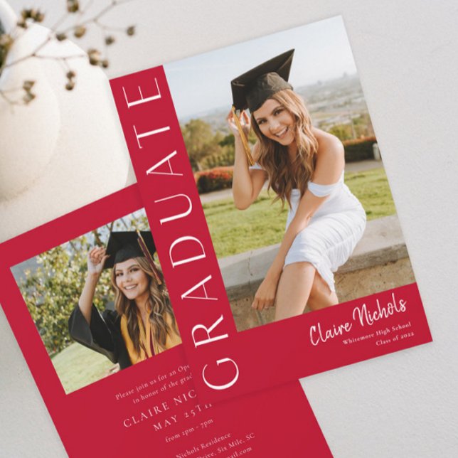 Modern Vertikal Fotexamen Inbjudningar (Modern Red Photo Graduation Invitation.)