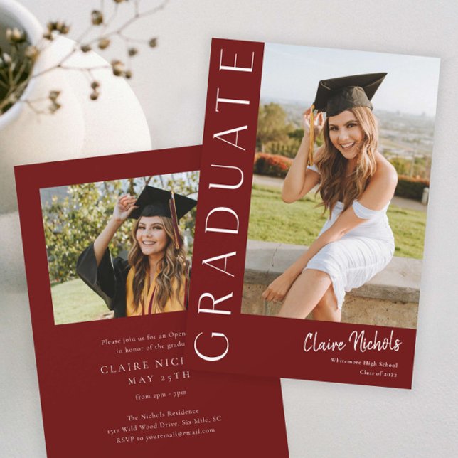Modern Vertikal Fotexamen Inbjudningar (Modern Maroon Photo Graduation Invitation.)