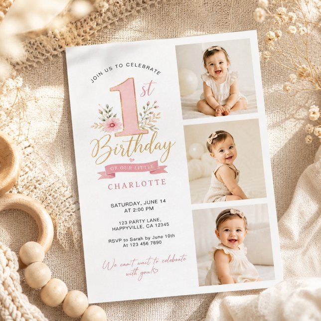 Modern Vertikal Fotokollage Flicka 1-årsdag Inbjudningar (Skapare uppladdad)
