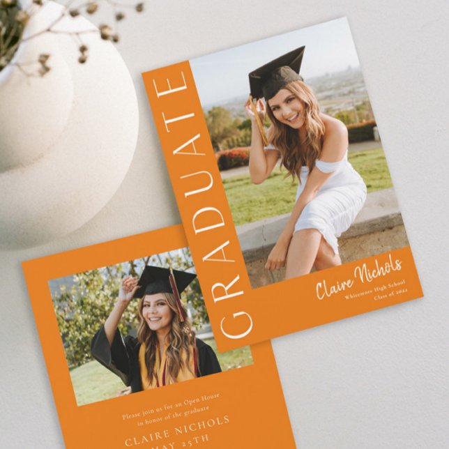 Modern Vertikal Orange Foto Examen Inbjudningar (Modern Orange Photo Graduation Invitation.)