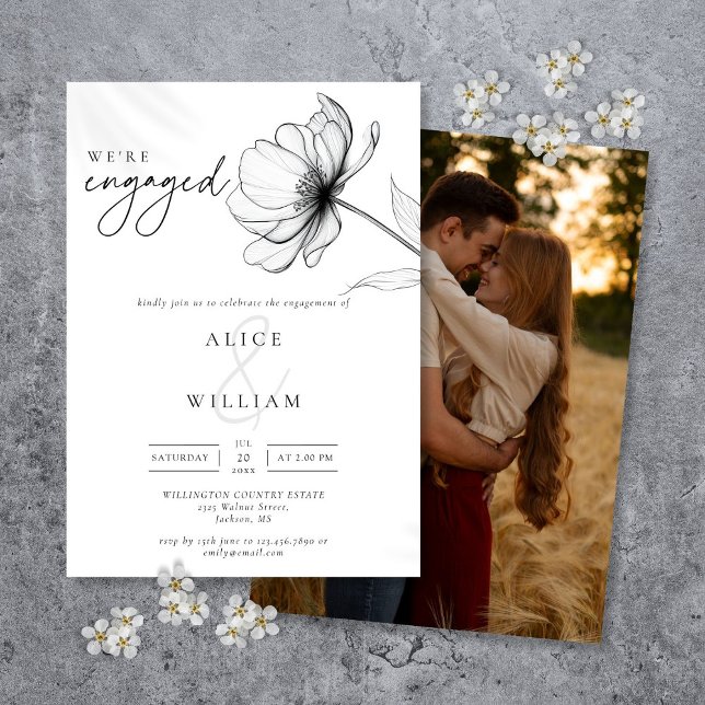 Modern Vi är Blommigt Photo Förlovningsfest Inbjudningar (Modern We're Engaged Floral Photo Engagement Party Invitation)