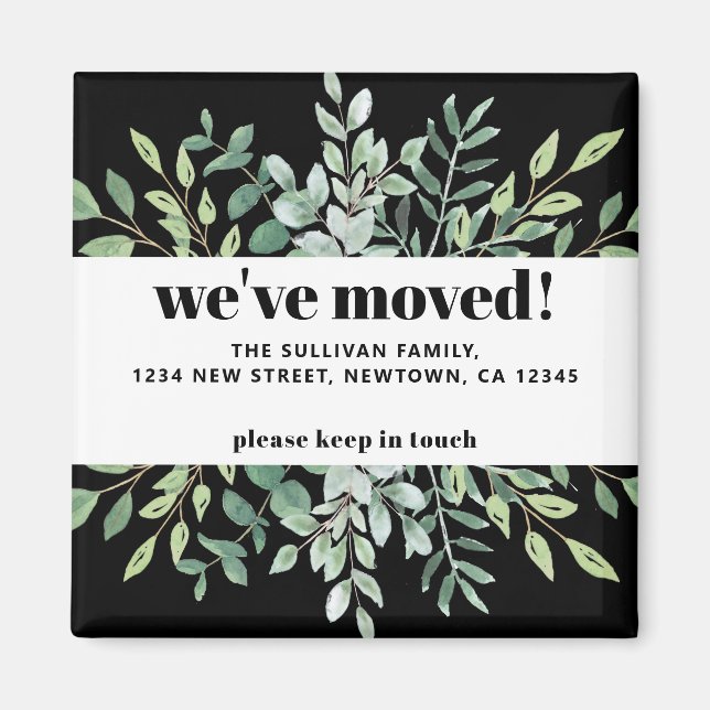 Modern Vi har flyttat Eucalyptus Greenery Black Magnet (Framsidan)