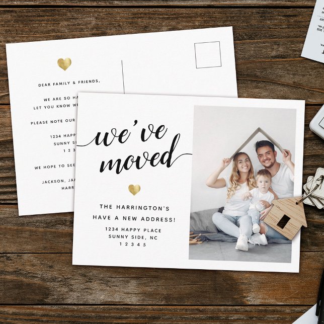 Modern Vi har flyttat Guld Heart Photo Flytta i sk Meddelande Vykort (We've moved! Cute modern photo moving announcement )