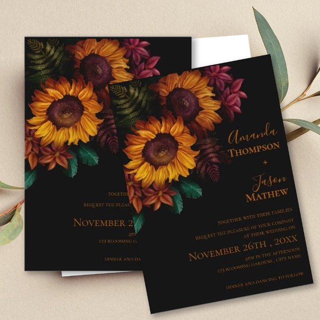 Modern Vibrant Black Burnt Orange Blommigt Bröllop Inbjudningar (Modern Vibrant Black Burnt Orange Floral Wedding Invitation)