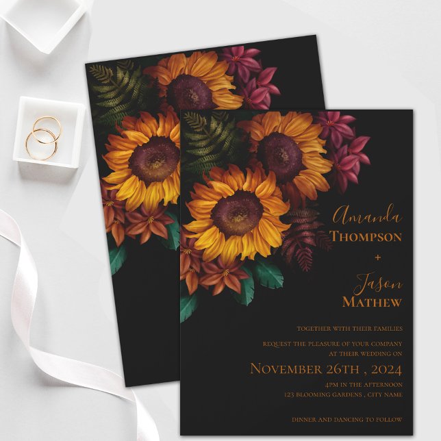 Modern Vibrant Black Burnt Orange Blommigt Bröllop Magnetisk Inbjudningskort (Modern Vibrant Black Burnt Orange Floral Wedding Magnetic Invitation)