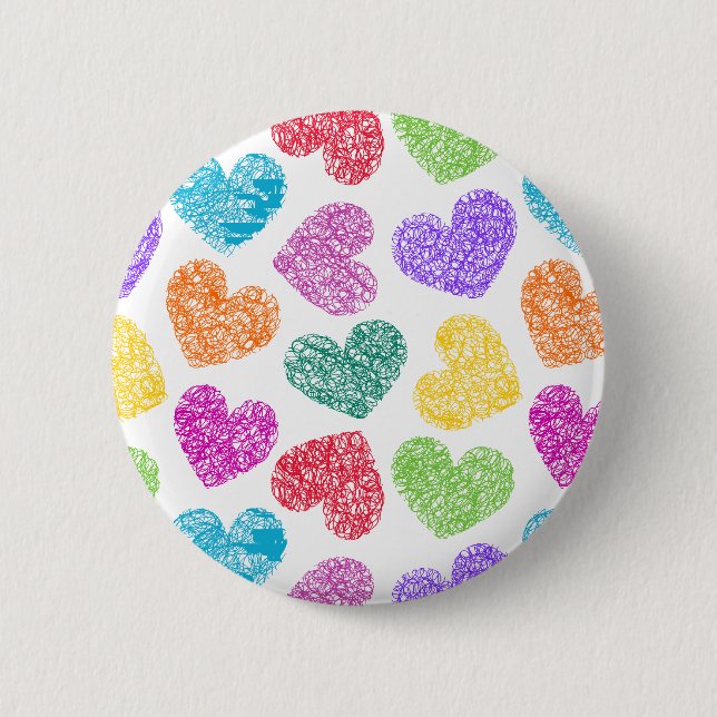 Modern Vibrant Rainbow Doodle Hearts Cute Mönster Knapp (Framsida)