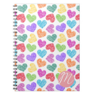 Modern Vibrant Rainbow Doodle Hearts Monogrammed Anteckningsbok