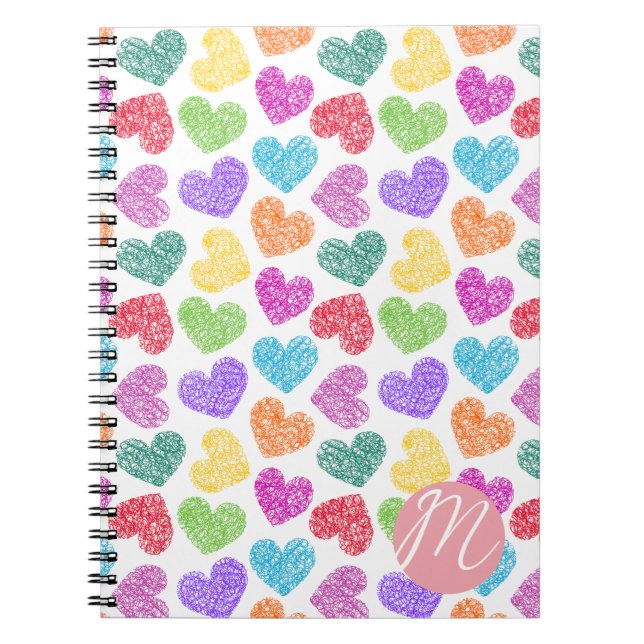 Modern Vibrant Rainbow Doodle Hearts Monogrammed Anteckningsbok (Framsidan)