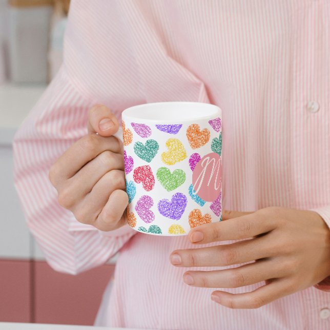 Modern Vibrant Rainbow Doodle Hearts Monogrammed Kaffemugg (Skapare uppladdad)
