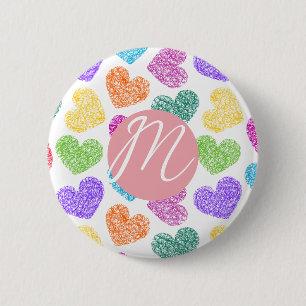 Modern Vibrant Rainbow Doodle Hearts Monogrammed Knapp
