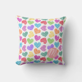 Modern Vibrant Rainbow Doodle Hearts Monogrammed Kudde