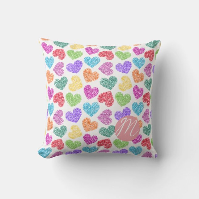 Modern Vibrant Rainbow Doodle Hearts Monogrammed Kudde (Framsida)