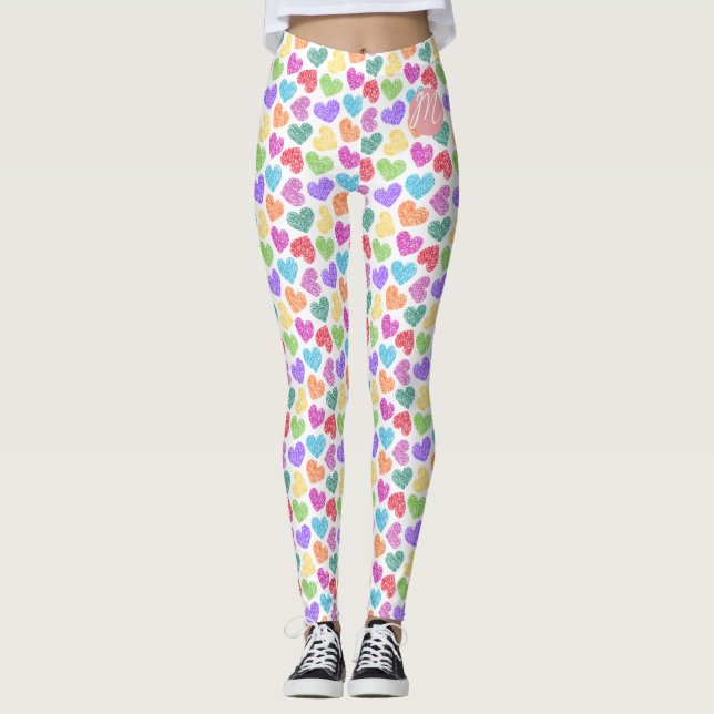 Modern Vibrant Rainbow Doodle Hearts Monogrammed Leggings (Framsida)
