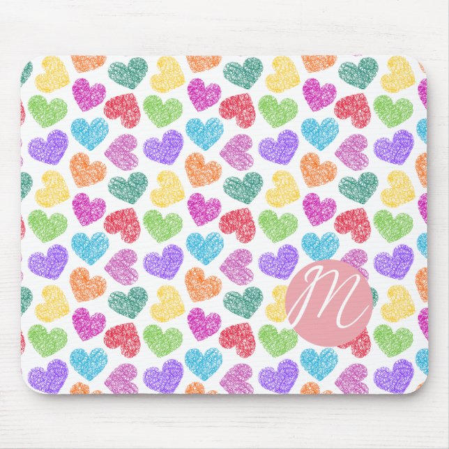 Modern Vibrant Rainbow Doodle Hearts Monogrammed Musmatta (Framsidan)